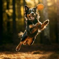 ein dynamisch Hund fangen ein Frisbeescheibe in der Luft foto