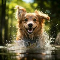 ein spielerisch Hund planschen im ein Strom foto