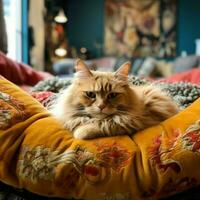 zufrieden cymrisch Katze schwelgen im ein Sanft Plüsch Bett foto