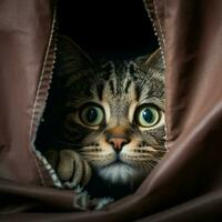 neugierig Katze spähen aus von hinter ein Vorhang foto