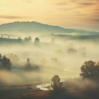 stumm geschaltet Farben von ein neblig Morgen Landschaft foto