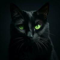 mysteriös schwarz Katze mit Piercing Grün Augen foto
