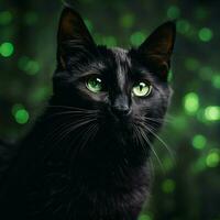 mysteriös schwarz Katze mit Piercing Grün Augen foto