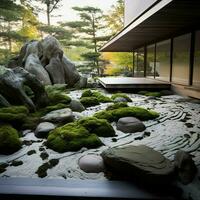 ruhig Schönheit von ein Zen-inspiriert Felsen Garten foto