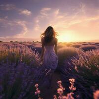 Gelassenheit im ein Feld von Lavendel Dehnen gegenüber das Hor foto