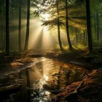 Stille im ein still Wald mit Balken von Sonnenlicht Pause foto