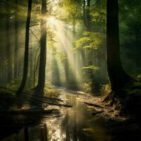 Stille im ein still Wald mit Balken von Sonnenlicht Pause foto