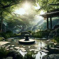 das Trost gefunden im ein heiter Zen Garten einladend Ruhe foto