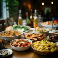 ein Gemeinschaft Potluck mit ein Vielfalt von Geschirr foto