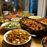 ein Gemeinschaft Potluck mit ein Vielfalt von Geschirr foto