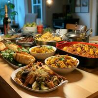 ein Gemeinschaft Potluck mit ein Vielfalt von Geschirr foto