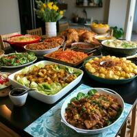 ein Gemeinschaft Potluck mit ein Vielfalt von Geschirr foto