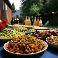 ein Gemeinschaft Potluck mit ein Vielfalt von Geschirr foto