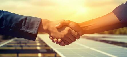 Solar- Anlage, Solar- Tafel, sauber Energie Hand Shake, ai generativ foto