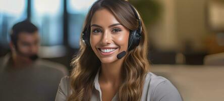 Latina Frau Anruf Center Kunde Unterstützung mit Headset, ai foto