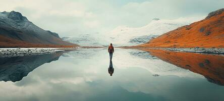 Mann Gehen im Wasser See Berg Silhouette, ai foto