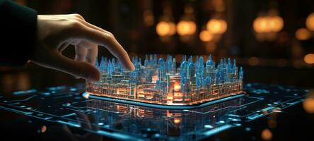 Mann berühren futuristisch Tablette Schnittstelle Stadt, ai foto