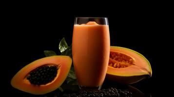 Foto von ein Papaya Smoothie isoliert auf eben schwarz Hintergrund. generativ ai