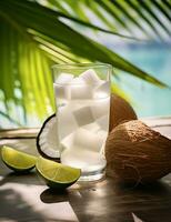 Foto von etwas Kokosnuss Wasser trinken elegant plattiert auf ein Tisch. generativ ai