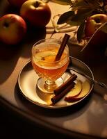 Foto von etwas gewürzt Apfel Apfelwein trinken elegant plattiert auf ein Tisch. generativ ai
