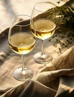 Foto von etwas Weiß Wein trinken elegant plattiert auf ein Tisch. generativ ai