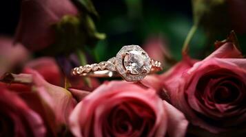 fotografieren ein elegant Engagement Ring mit ein strahlend Smaragd eingebettet innerhalb ein Bett von Rosen. generativ ai foto