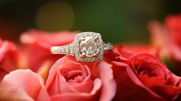 fotografieren ein elegant Engagement Ring mit ein strahlend Jade eingebettet innerhalb ein Bett von Rosen. generativ ai foto