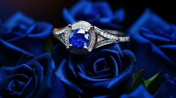 fotografieren ein elegant Engagement Ring mit ein strahlend Lapis Lazzuli eingebettet innerhalb ein Bett von Rosen. generativ ai foto