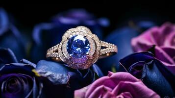 fotografieren ein elegant Engagement Ring mit ein strahlend Saphir eingebettet innerhalb ein Bett von Rosen. generativ ai foto
