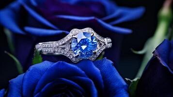 fotografieren ein elegant Engagement Ring mit ein strahlend Saphir eingebettet innerhalb ein Bett von Rosen. generativ ai foto