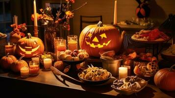 Halloween Tag Essen Konzept auf hölzern Tisch. generativ ai foto