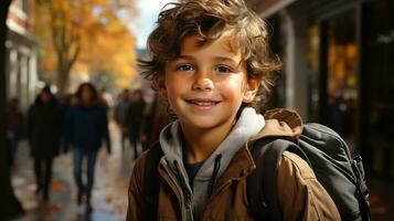 zurück zur Schule thematisch Bild von ein Junge Wer geht zu Schule glücklich. generativ ai foto