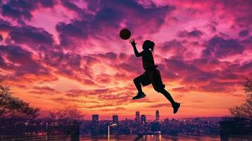 Silhouette von Spieler vorbereiten zu Dunk auf Basketball Gericht mit Sonnenuntergang und Stadt Horizont im das Hintergrund. generativ ai foto