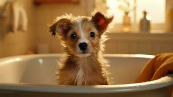 ein süß Haustier Hündchen mit nass Haar ist nehmen ein Bad. generativ ai foto