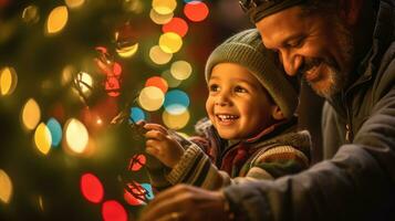 glücklich Junge dekorieren das Weihnachten Baum mit seine Vater. generativ ai foto