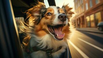ein gemütlich Rasse von Hund Das fröhlich Stöcke es ist Kopf aus von ein Auto Fenster. generativ ai foto