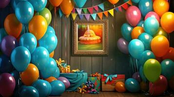bunt Luftballons schmücken das Seiten und ein Geburtstagsthema Einstellung. generativ ai foto