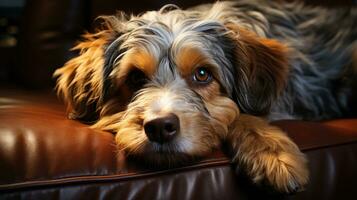 Haustier Hund Lügen anmutig auf Sofa beim heim, Augen leuchtenden mit Zufriedenheit. generativ ai foto
