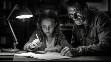 ein Vater und Tochter glücklich tun ihr Hausaufgaben zusammen. generativ ai foto