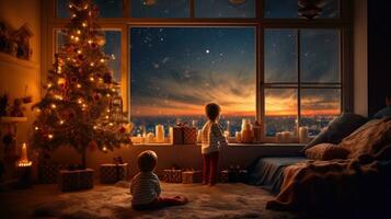 Junge warten zum Geschenk von Santa claus im Schlafzimmer auf Neu Jahre Vorabend. generativ ai foto
