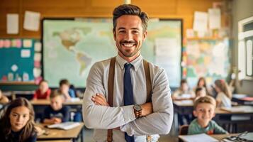 glücklich männlich Lehrer im ein elementar Schule Klassenzimmer. generativ ai foto