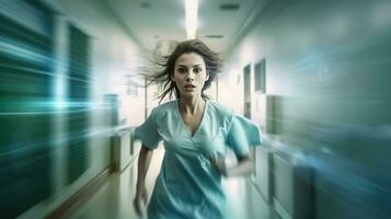 das weiblich Arzt Laufen nervös im das Krankenhaus Gang. generativ ai foto