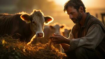 ein erfahren Farmer Fütterung seine Tiere früh im das Morgen. generativ ai foto