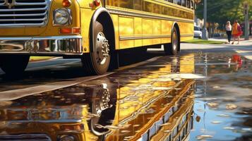 Nahansicht Foto von Schule Bus auf das Straße. generativ ai