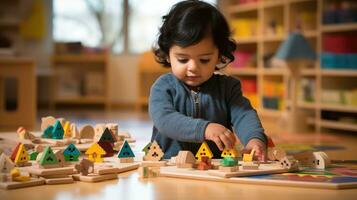 Kleinkind erkunden das Spielzeuge im das Zimmer. generativ ai foto