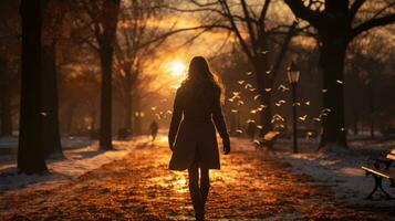 Person Gehen auf schneebedeckt Straße beim Sonnenuntergang auf ein Winter Tag. generativ ai foto