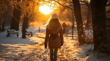 Person Gehen auf schneebedeckt Straße beim Sonnenuntergang auf ein Winter Tag. generativ ai foto