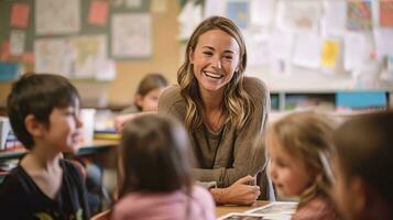 glücklich weiblich Lehrer im ein elementar Schule Klassenzimmer. generativ ai foto