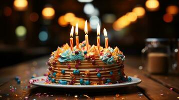 Kuchen auf hölzern Fußboden und zündete Kerze auf es im Geburtstag Konzept Stil. generativ ai foto