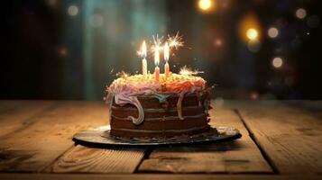 Kuchen auf hölzern Fußboden und zündete Kerze auf es im Geburtstag Konzept Stil. generativ ai foto